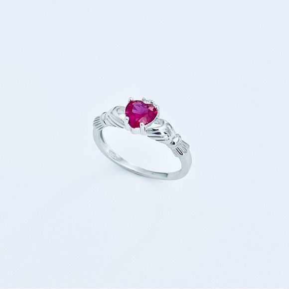 Sterling Silver Ruby CZ Heart Claddagh Ring, Silver Rings, July Birthstone, - Picture 7 of 12